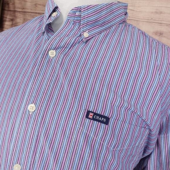 CHAPS EASY CARE PURPLE BLUE STRIPED BUTTON DOWN SHIRT MENS 2XL XXL - Picture 2 of 6